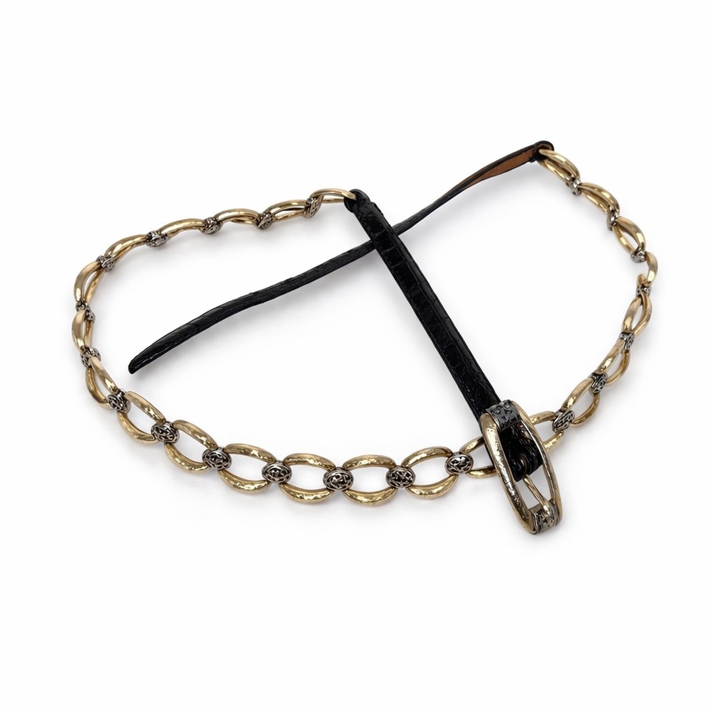 Vintage 90's Brighton Chain Link Leather Belt Gold Black Croc Embossed Size 38
